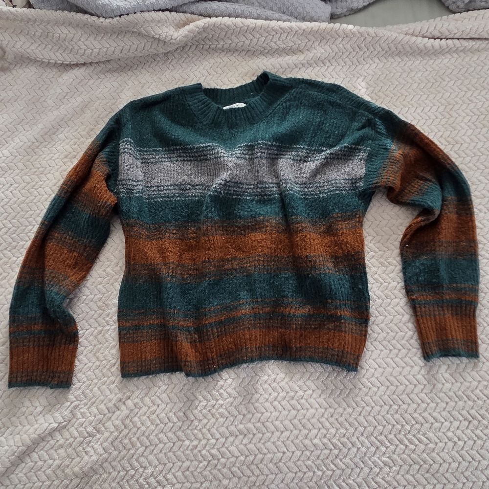 Striped Crewneck Sweater in Teal, Rust & Gray - Women's Casual Knit
